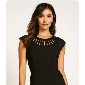 Bebe Black Bandage Cutout Neck Bodycon‎ Fitted Crop Top Party Back Zip Small Y2K